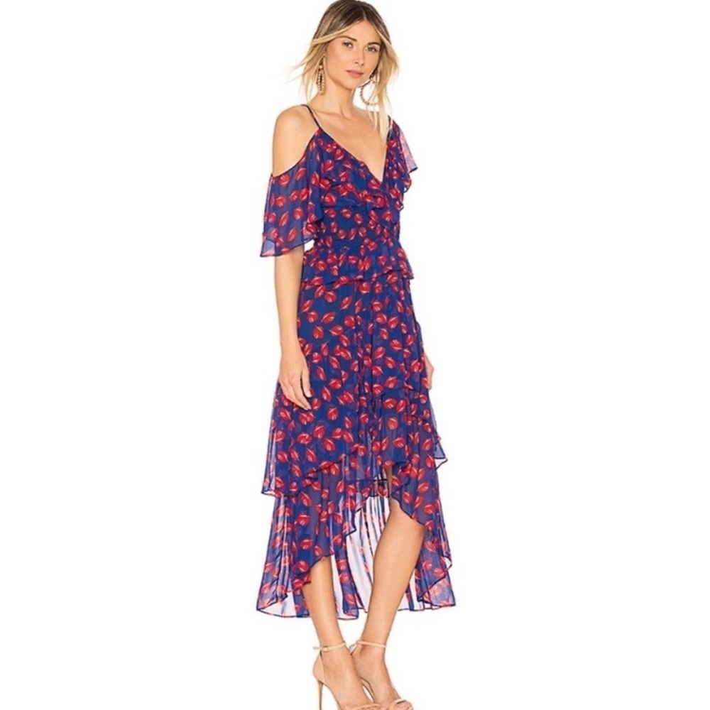 NWT MISA LOS ANGELES Blue Leaf Print Layered Tiered Ruffle Asymmetrical Dress - Picture 2 of 10